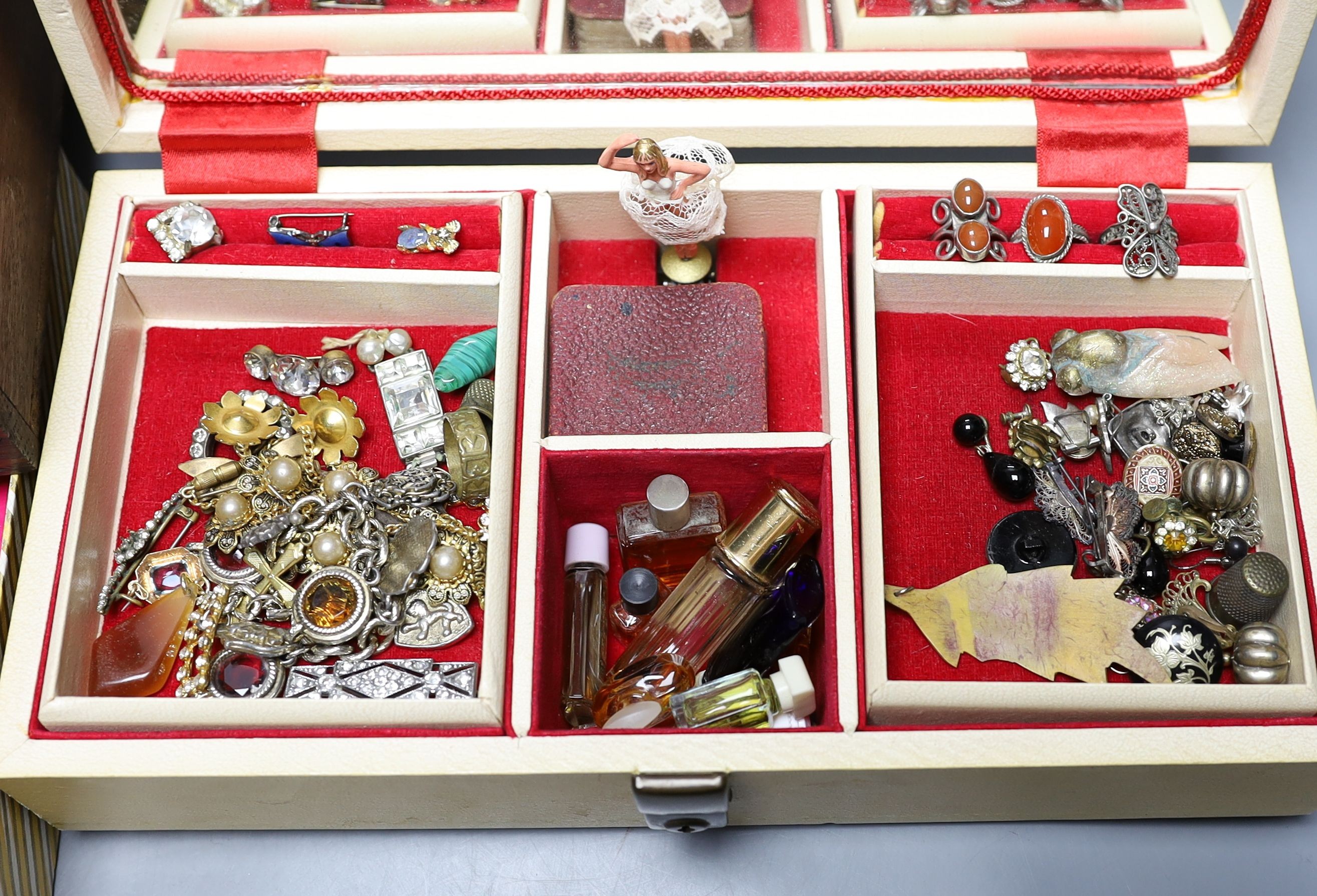Assorted costume jewellery including gem set stick pins, hat pins, necklaces etc.